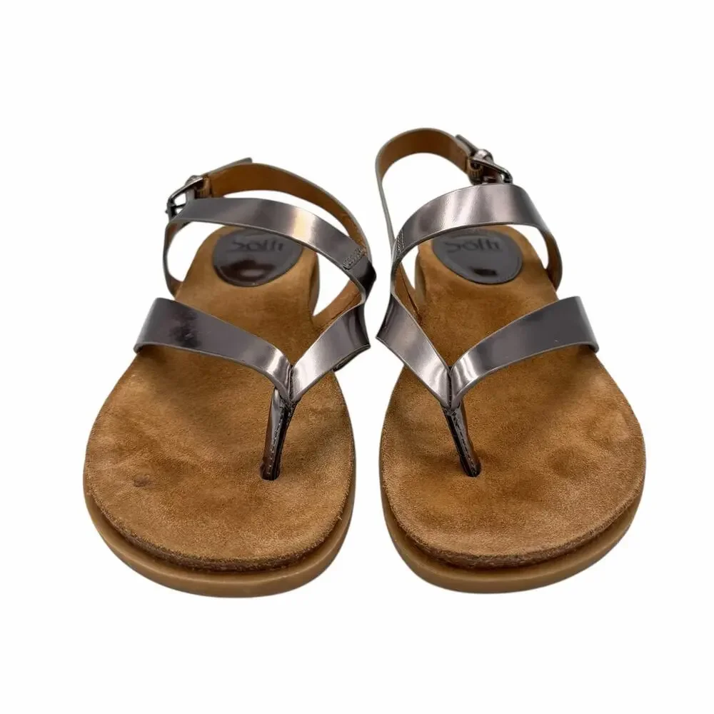 Sofft Rory Pewter Patent Leather Strappy Heel Buckle Thong Comfort Sandals